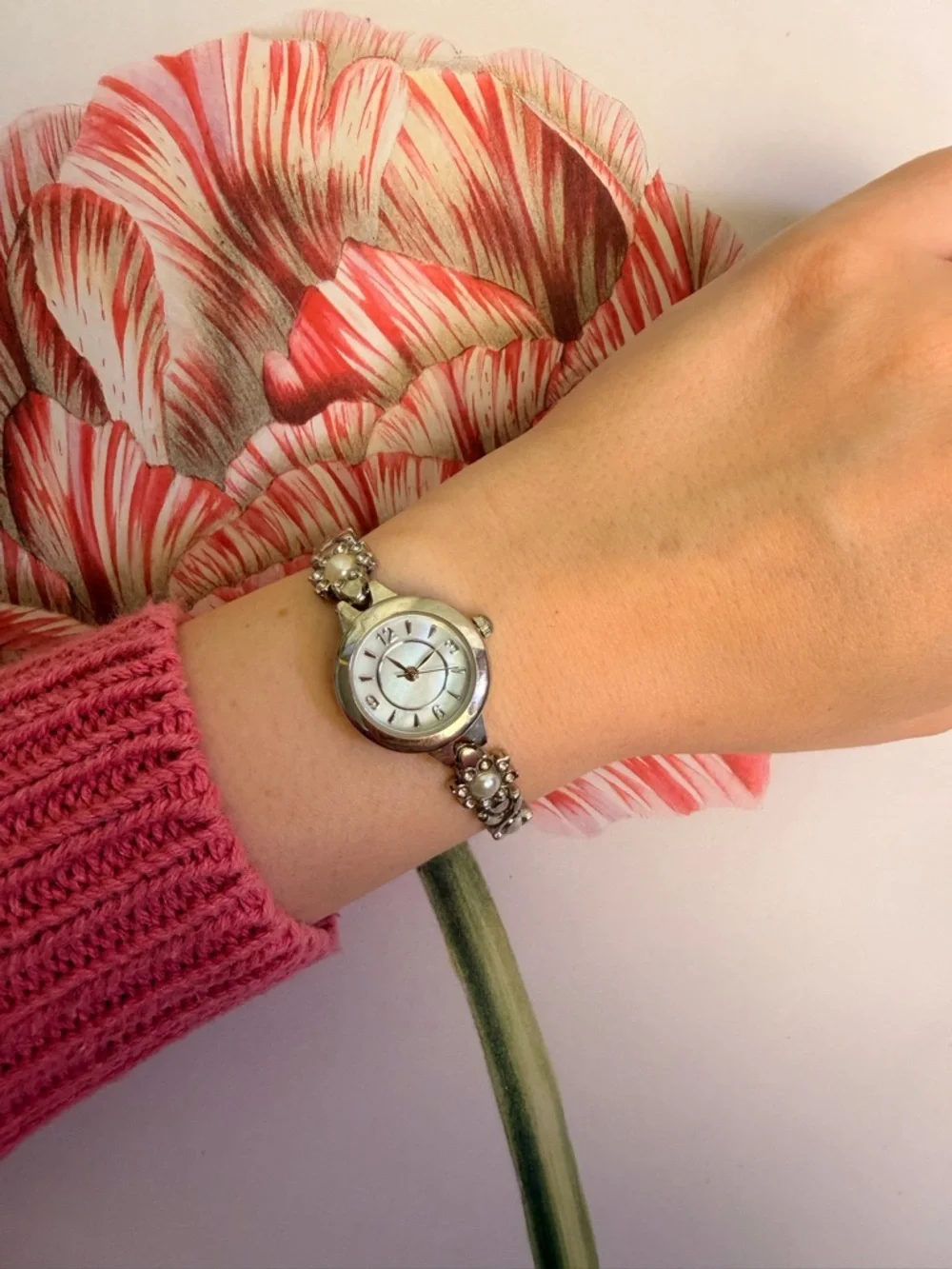 Vintage Silver Women's Floral Accent Bracelet Watch